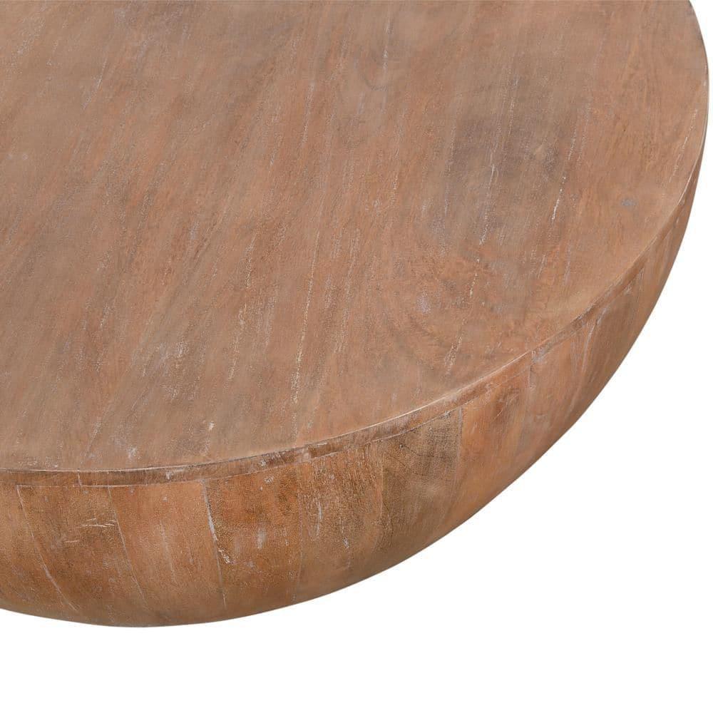 Arthur Drum Shape Wooden Coffee Table with Plank Design Base, Distressed Brown - UPT-32182 Brown