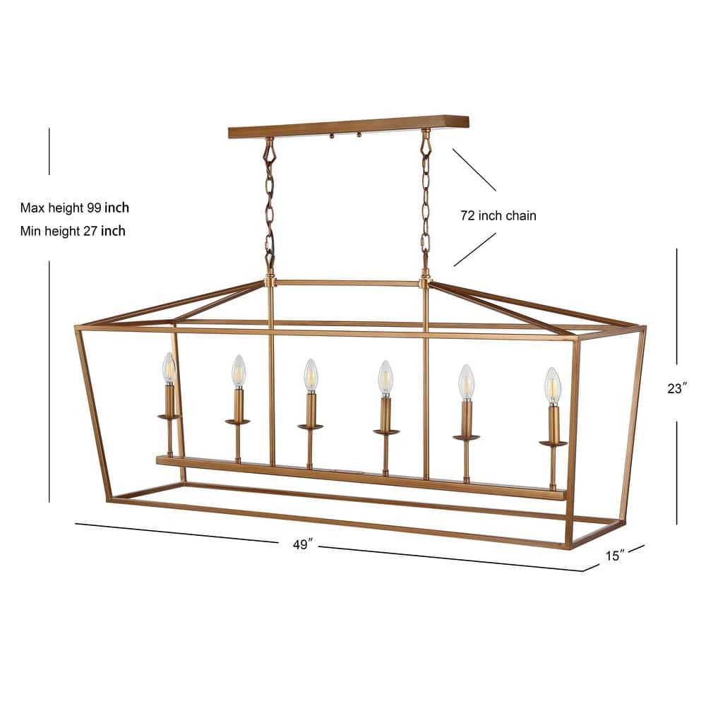 Pagoda 49" Linear 6-Bulb Lantern Metal LED Pendant, Antique Gold