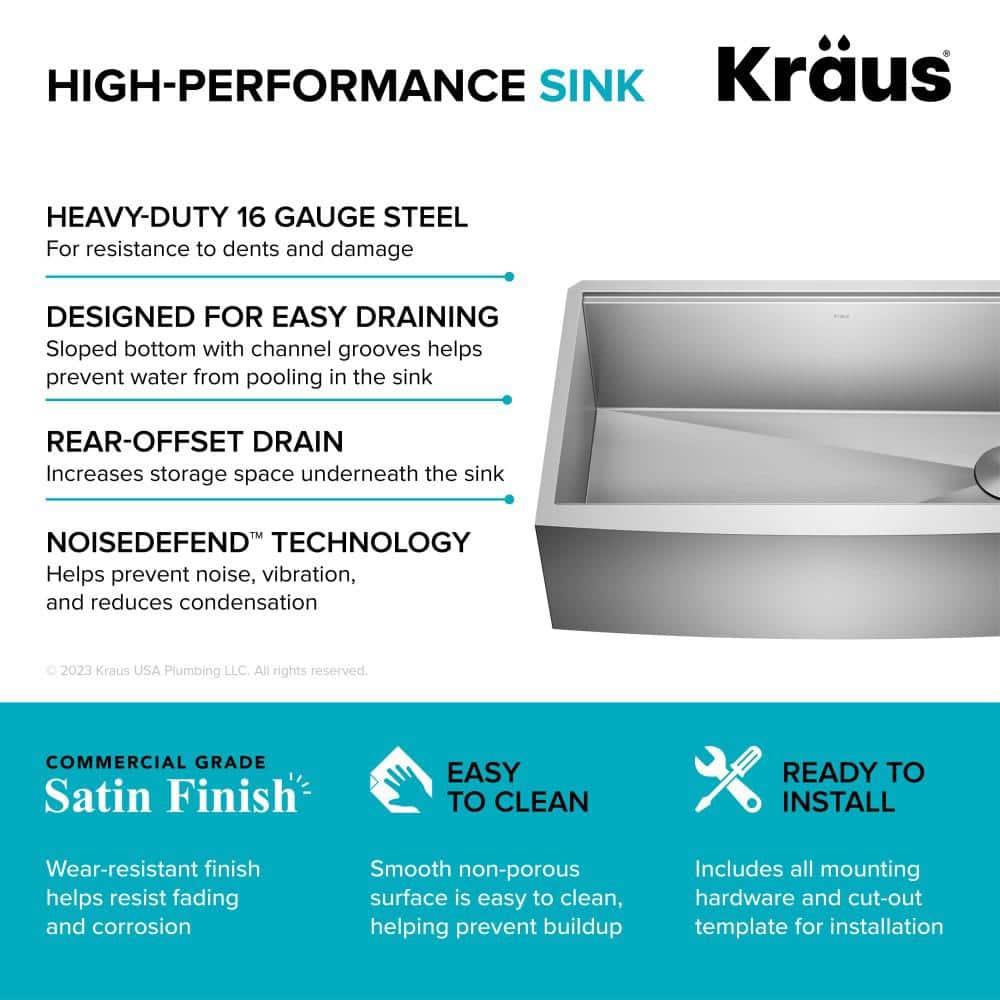 KRAUS Kore™ Workstation 33-inch 16 Gauge Stainless Steel Single Bowl Farmhouse Kitchen Sink with Accessories