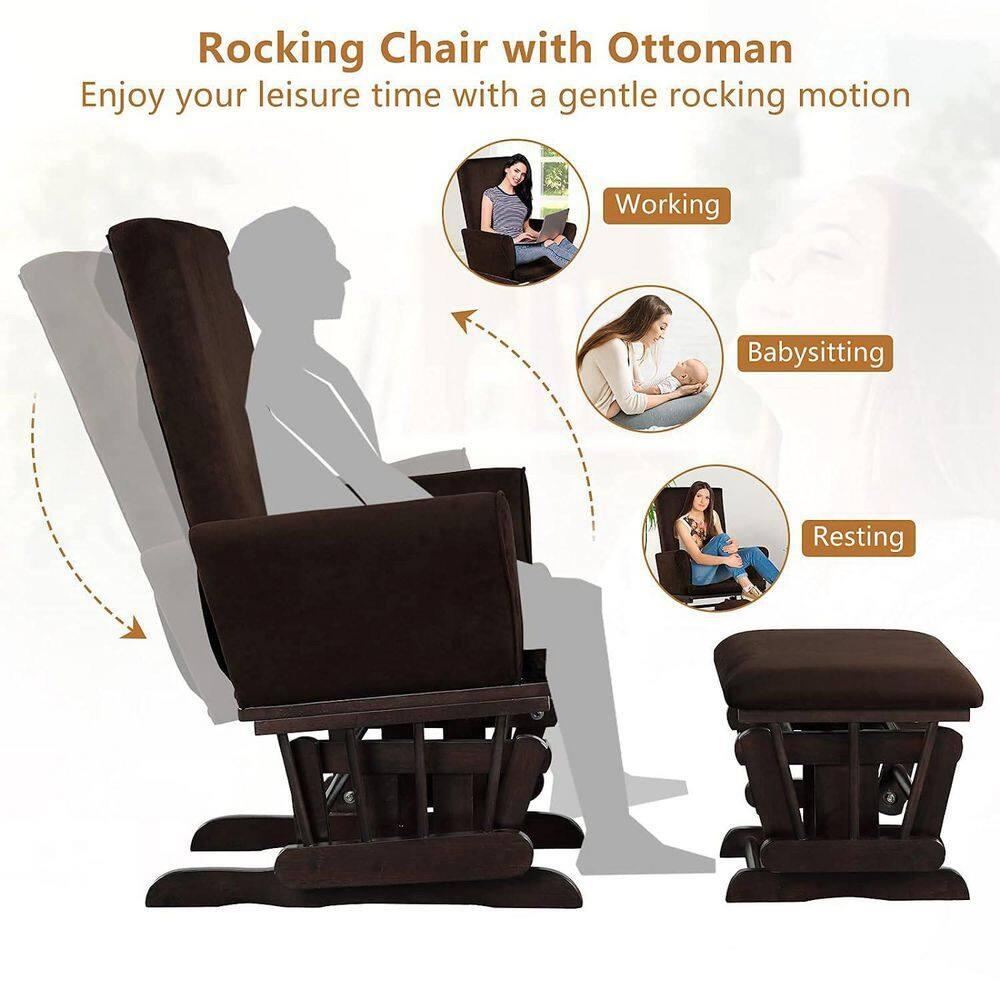 Costway Glider and Ottoman Cushion Set Wooden Baby Nursery Rocking Chair Brown