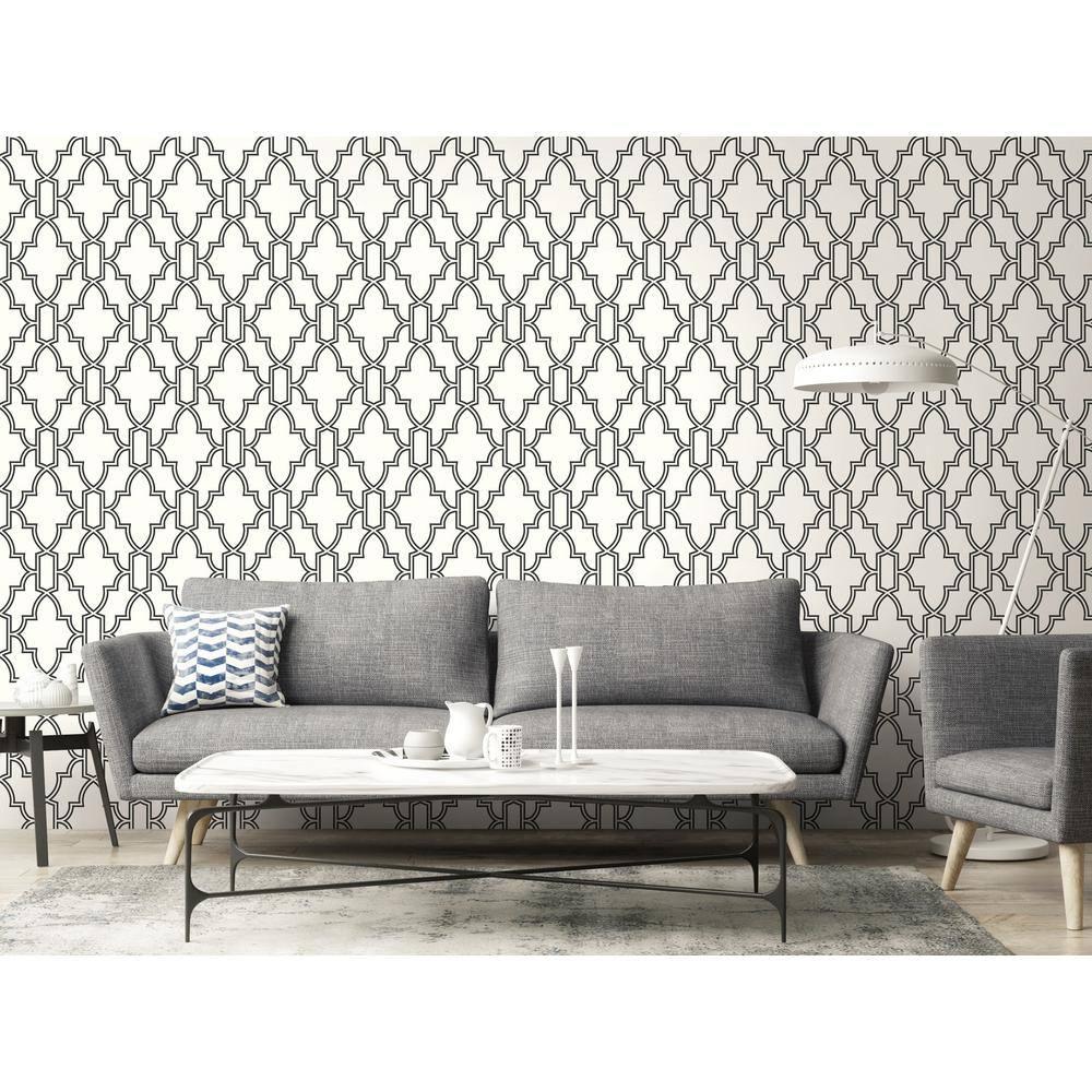 NextWall  Black and White Tile Trellis Peel and Stick Wallpaper - 20.5 in. W x 18 ft. L