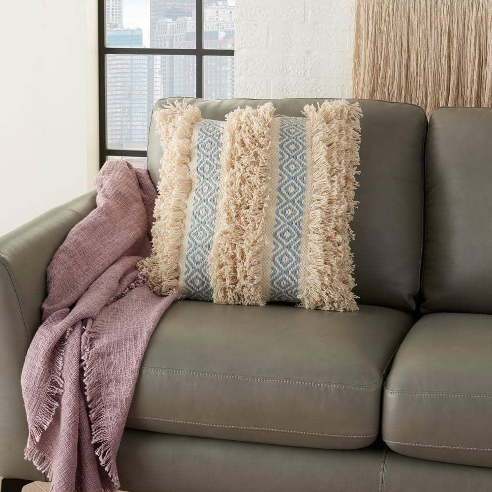 Mina Victory Life Styles Cotton Diamond Stripe Throw Pillow in Ocean Blue/Beige