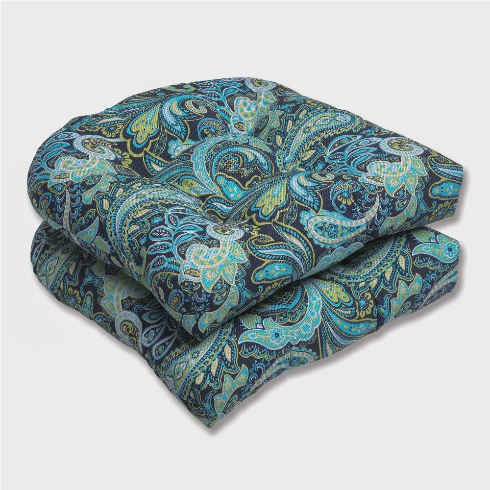 2pc OutdoorWicker Seat Cushion Set - Navy/Turqouise/Paisley - Pillow Perfect: Weather-Resistant, Tufted, Polyester Fiber Fill