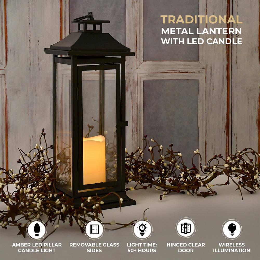 LumaBase Metal Lantern with Battery Operated Candle - Traditional Black