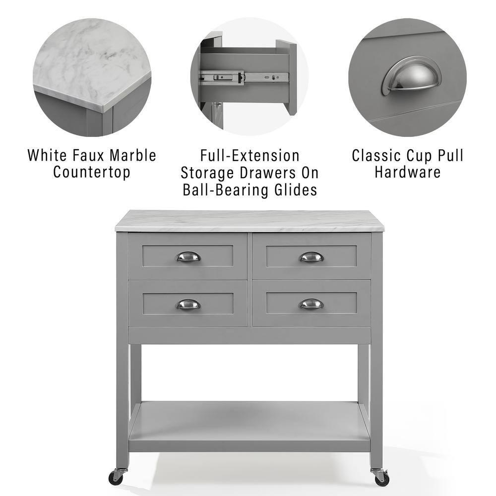 Connell Kitchen Island Cart Gray/White Marble - Crosley: Mobile Storage, 4 Drawers, Open Shelf, Locking Wheels