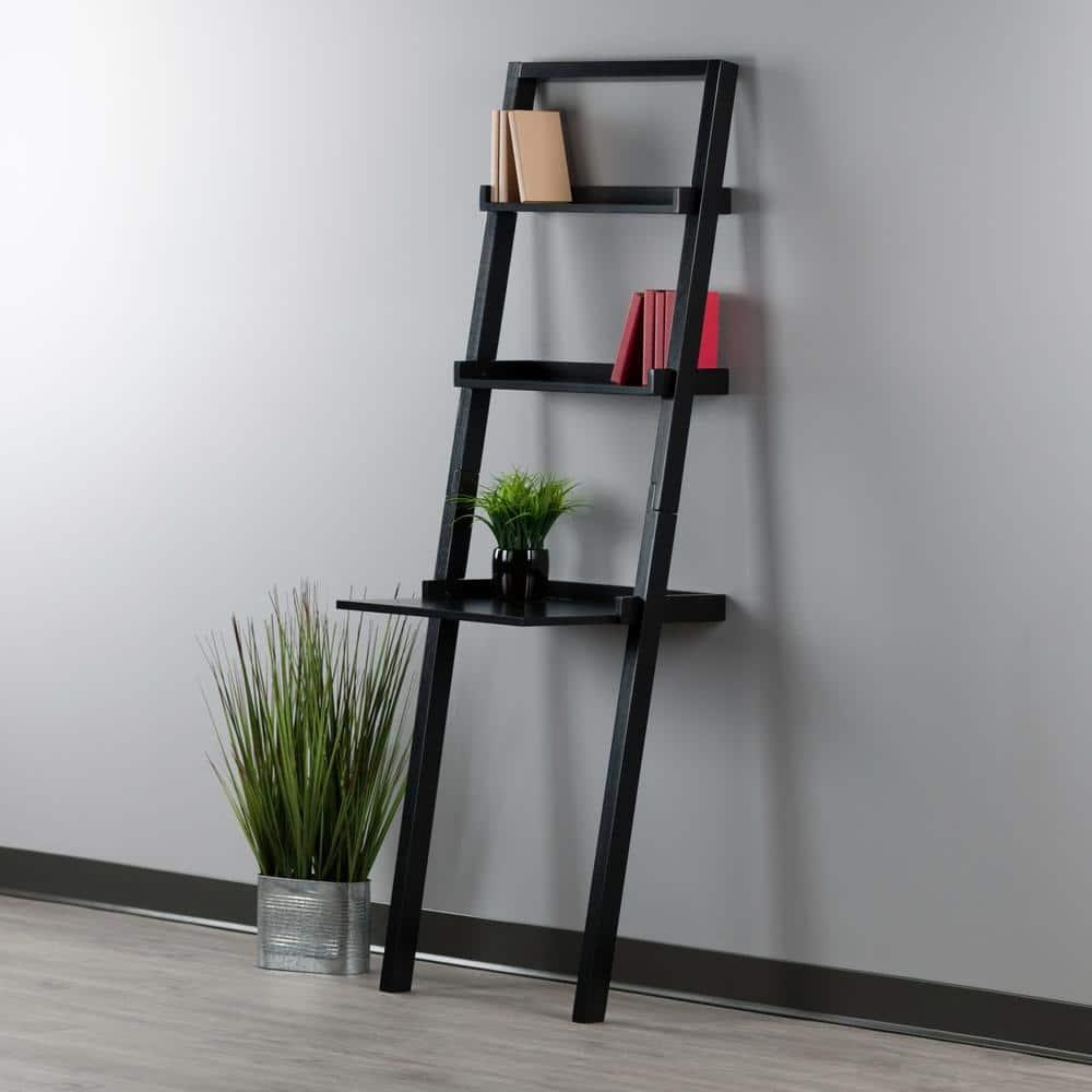 69.36" Bellamy Leaning Desk with 2 Shelves Black - Winsome: Traditional Style, Spot Clean, No Storage