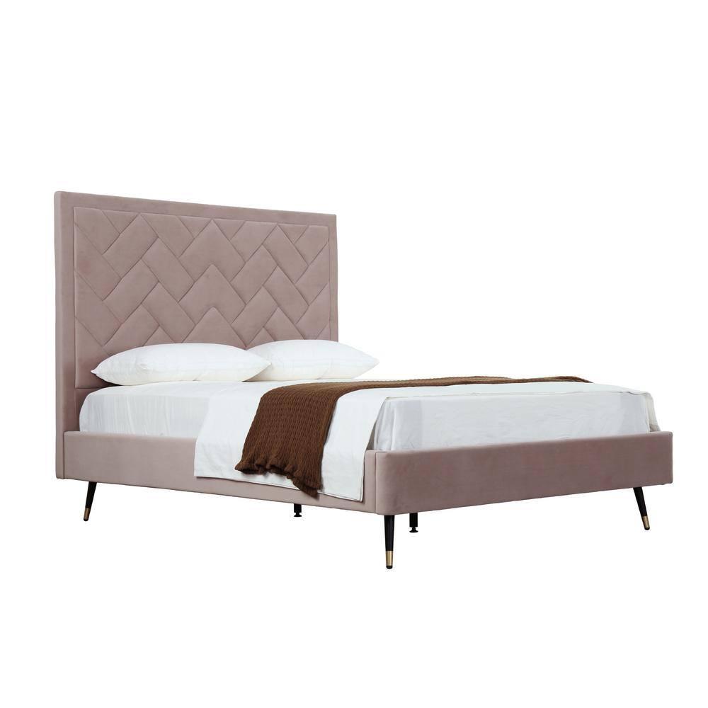 Manhattan Comfort Queen Crosby Modern Velvet Upholstered Bed Blush: Chic Wingback Design, Foam-Filled, No Box Spring Needed