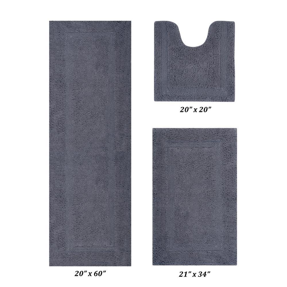 Better Trends Lux 100% Cotton Tufted Solid Reversible Bath Rug Set 3 PC (20" x 20" | 21" x 34" | 20" x 60") - Gray