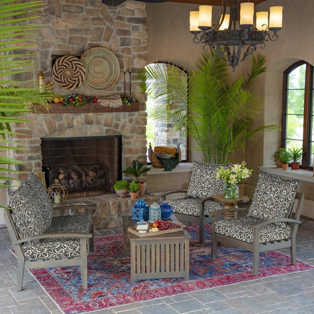 Arden 24"x24" Outdoor Deep Seat Set Black Aurora Damask: Water-Resistant, UV-Protected, Zippered Polyester Fiber Cushions