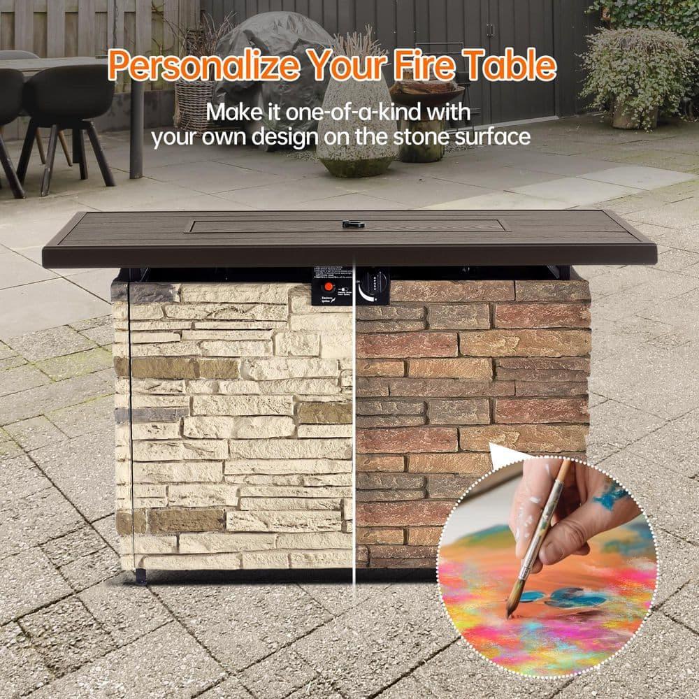 43" Propane Fire Pit Table Outdoor Stone Firepit Table Rectangular 50000 BTU Propane Fire Tables for Outside Patio with Wind Guard, Table Lid, Fire Beads, Cover,Pizzello Caldo (Buff)