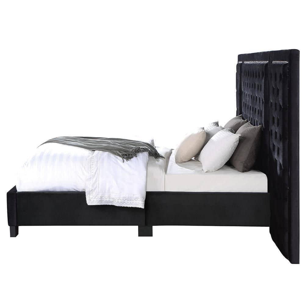 Damazy 86" King Bed Black Velvet - Acme Furniture: Crystal-like Tufting, Nailhead Trim, No Box Spring Required