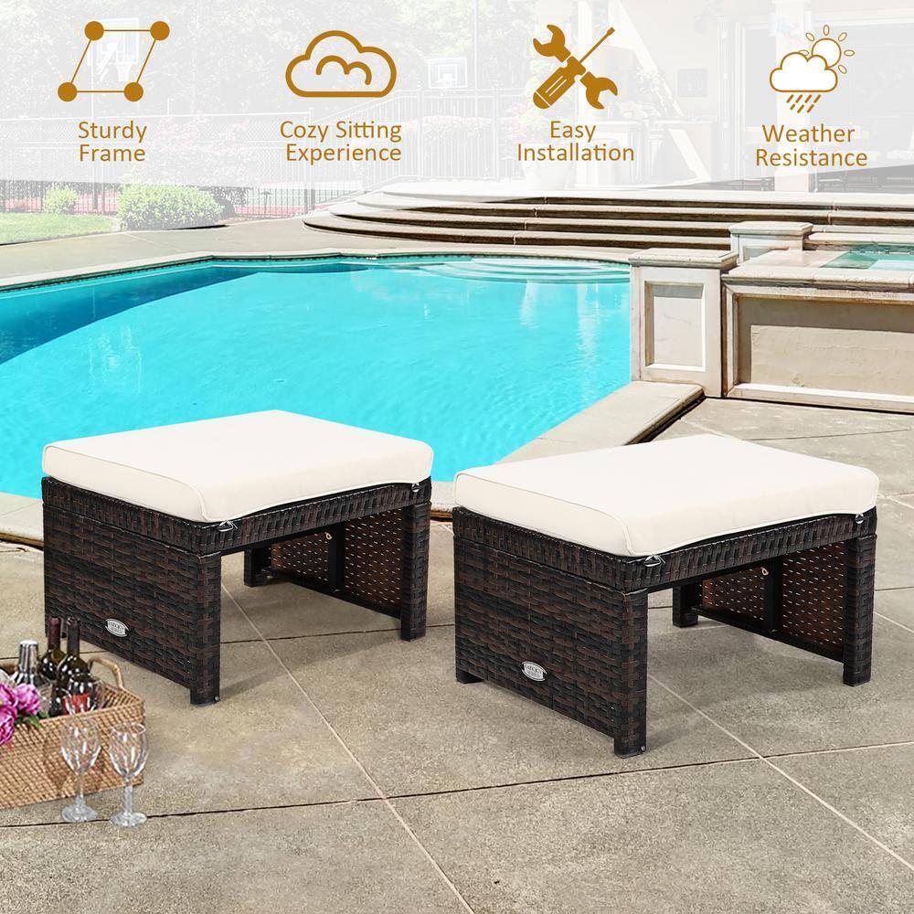 Spaco 2 Pieces Outdoor Patio Rattan Wicker Ottoman Set with Soft Cushion for Garden, Balcony, Poolside, White