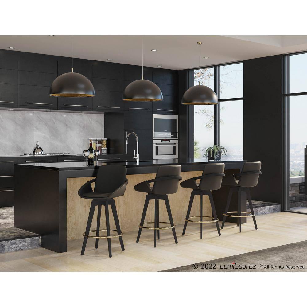 Set of 2 Cosmo PU Leather/Metal/Wood Counter Height Barstools Black/Gold - LumiSource: Swivel Seat, Fixed Height