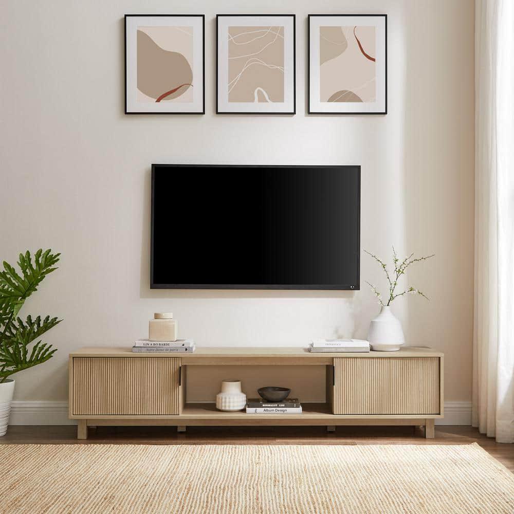 Walker Edison Mid-Century Modern Reeded 2-Door TV Stand for TVs up to 80”, Coastal Oak
