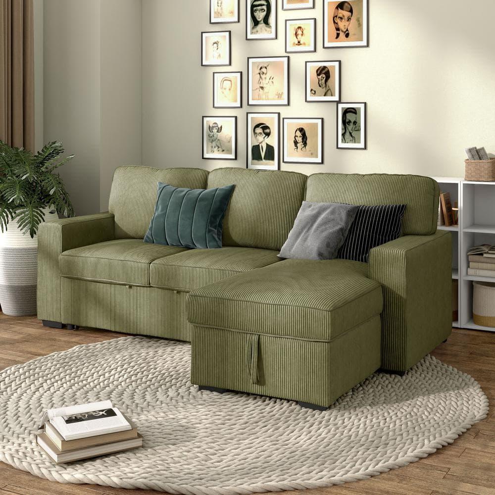 HOMES: Inside + Out Paeke Sleeper Sectional Sofa Corduroy with Storage Chaise and Reversible Green
