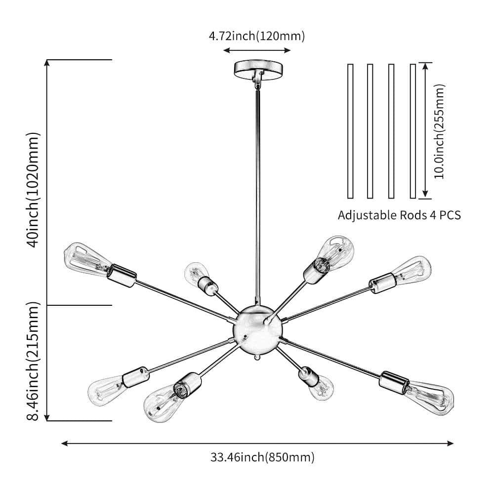 SineRise Sputnik Chandeliers Black, 8 Lights Modern Sputnik Lighting Fixture with Adjustable Height for Dining Room, Living Room, Kitchen, Bedroom and Hallway