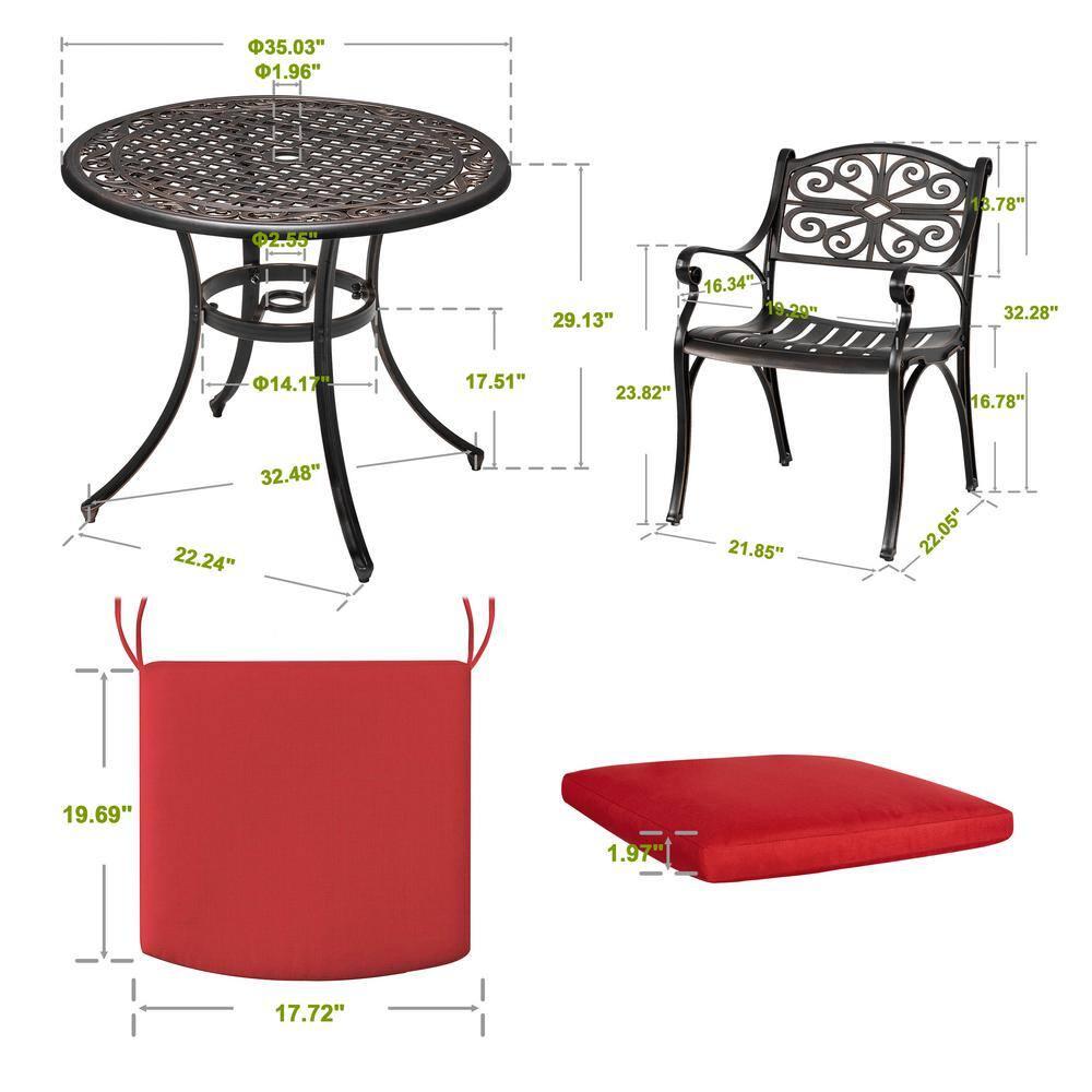 Nuu Garden 3-Piece Patio Bistro Set Outdoor Cast Aluminum Bistro Table and Chairs Set of 2, Outdoor Patio Table Set with Umbrella Hole and Cushions for Patio Balcony, Black