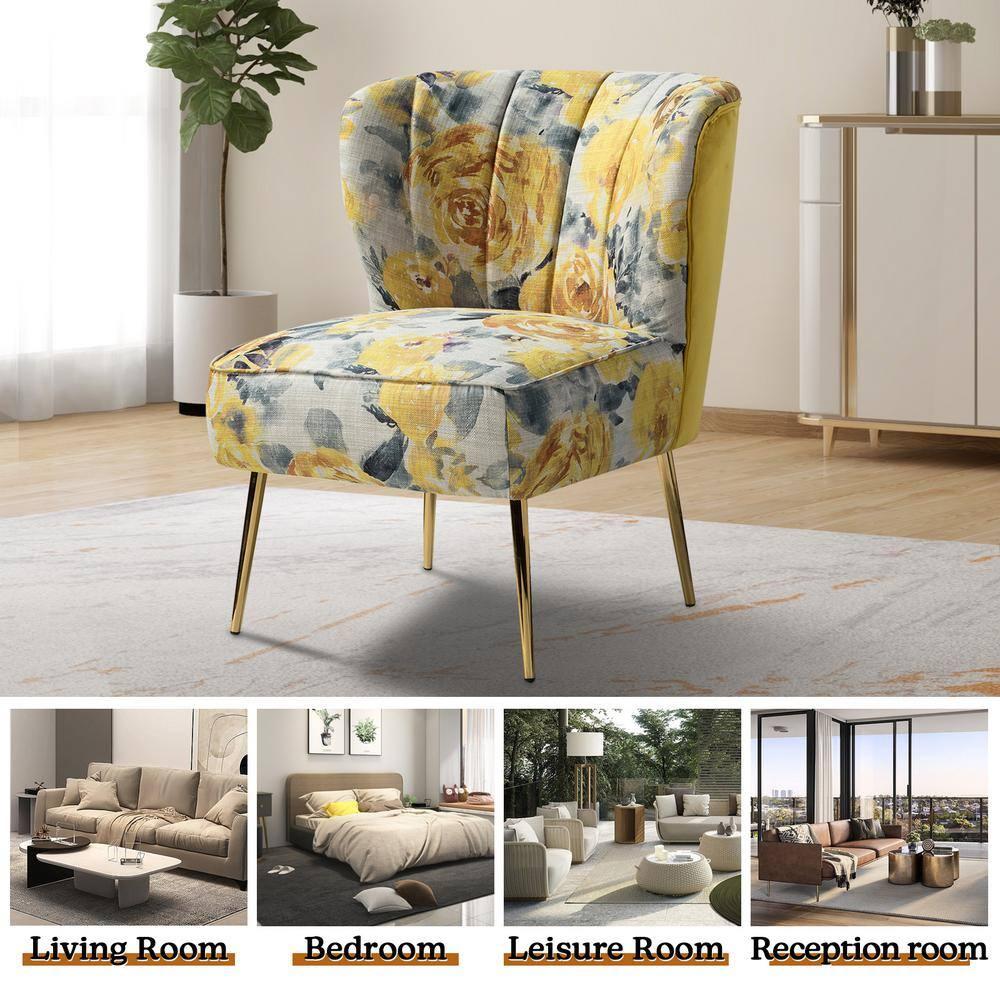 Contemporary Upholstery Accent Chair Metal Base Tufted Back Elegant Pattern seat Home Living Room Bedroom Yellow