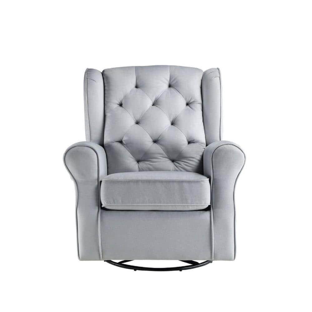Gray Swivel Accent Chair with Wood Base, 35 Inch