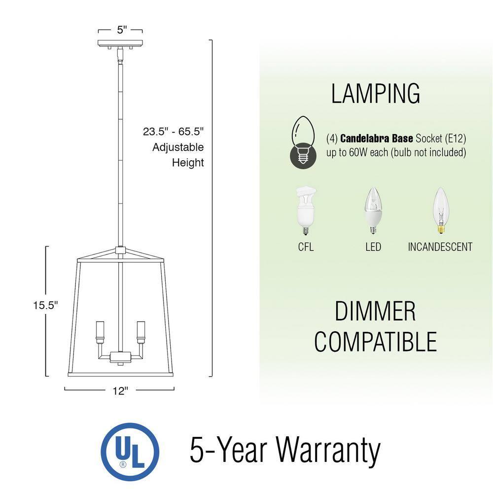Kira Home Bellevue 16" 4-Light Farmhouse Lantern Pendant Light, Adjustable Foyer Chandelier, Warm Brass Accents + Black