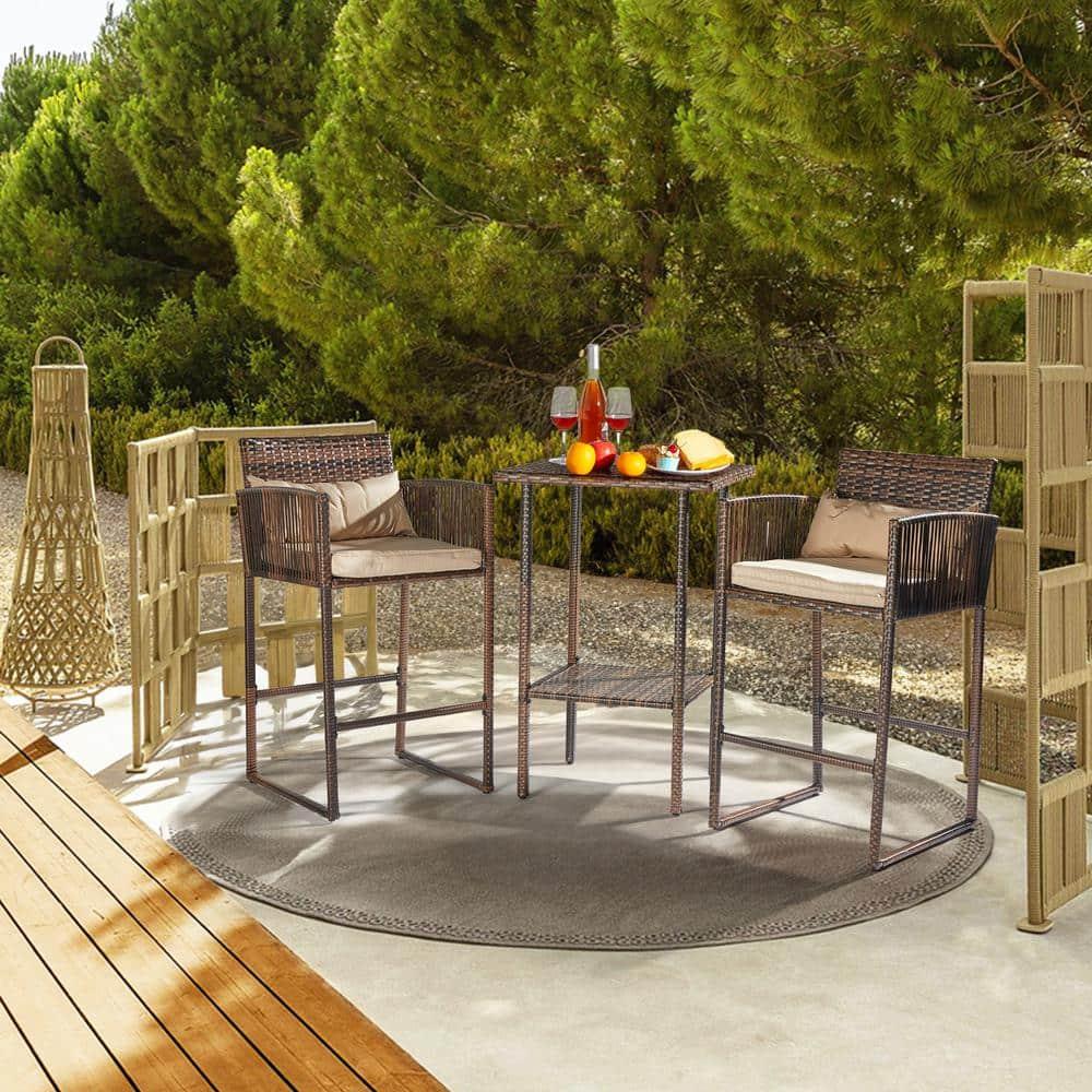 Tcbosik Outdoor 3 Piece Patio Bar Set, Rattan High Bar Stools for 2 with Cushions, Armrest and Backrest, Wicker Bar Table with Storage Shelf, Brown