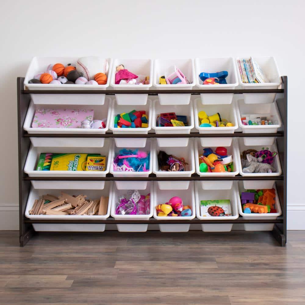 Extra Large Kids' Toy Storage Organizer with 20 Storage Bins Espresso/White - Humble Crew: Playroom Bin Shelf, MDF