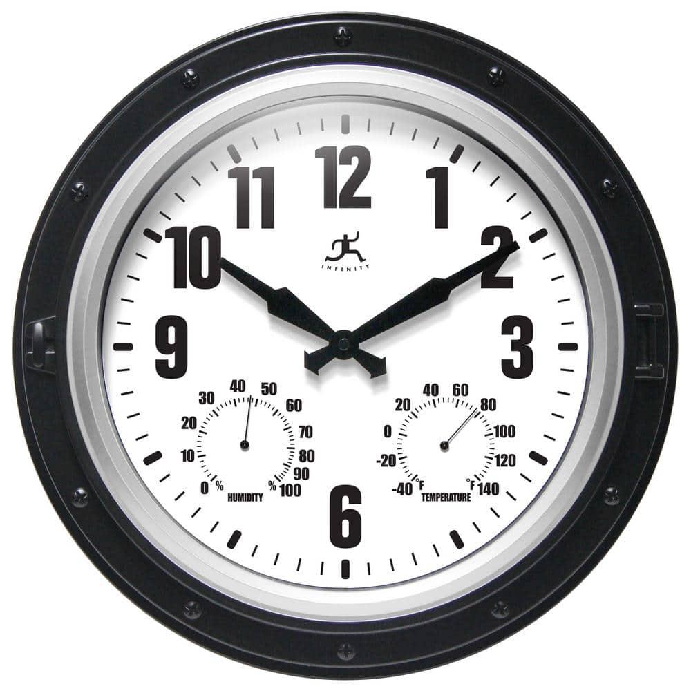 16" Forecaster Wall Clock Silver - Infinity Instruments: Modern Analog, Outdoor Use, Thermometer Feature