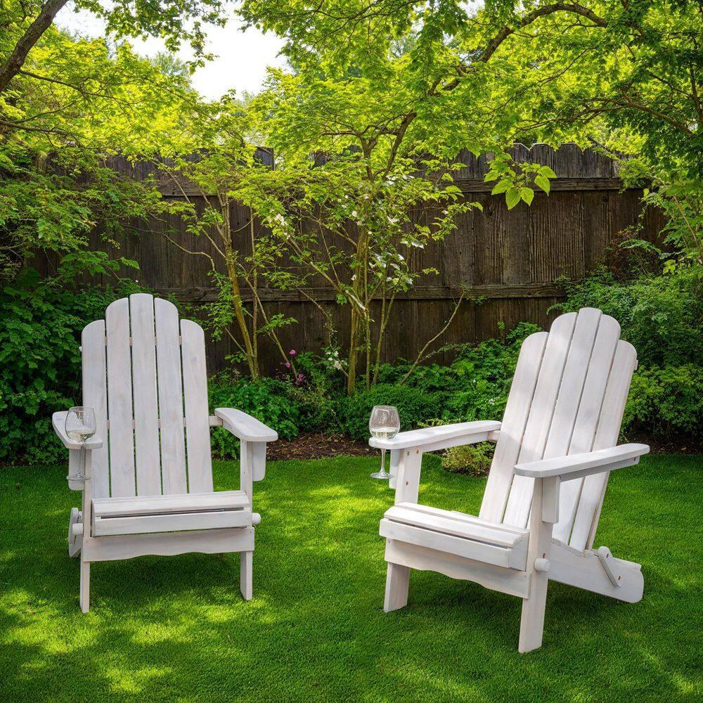 Outdoor Wood Adirondack Chair with Wine Glass Holder in White Wash