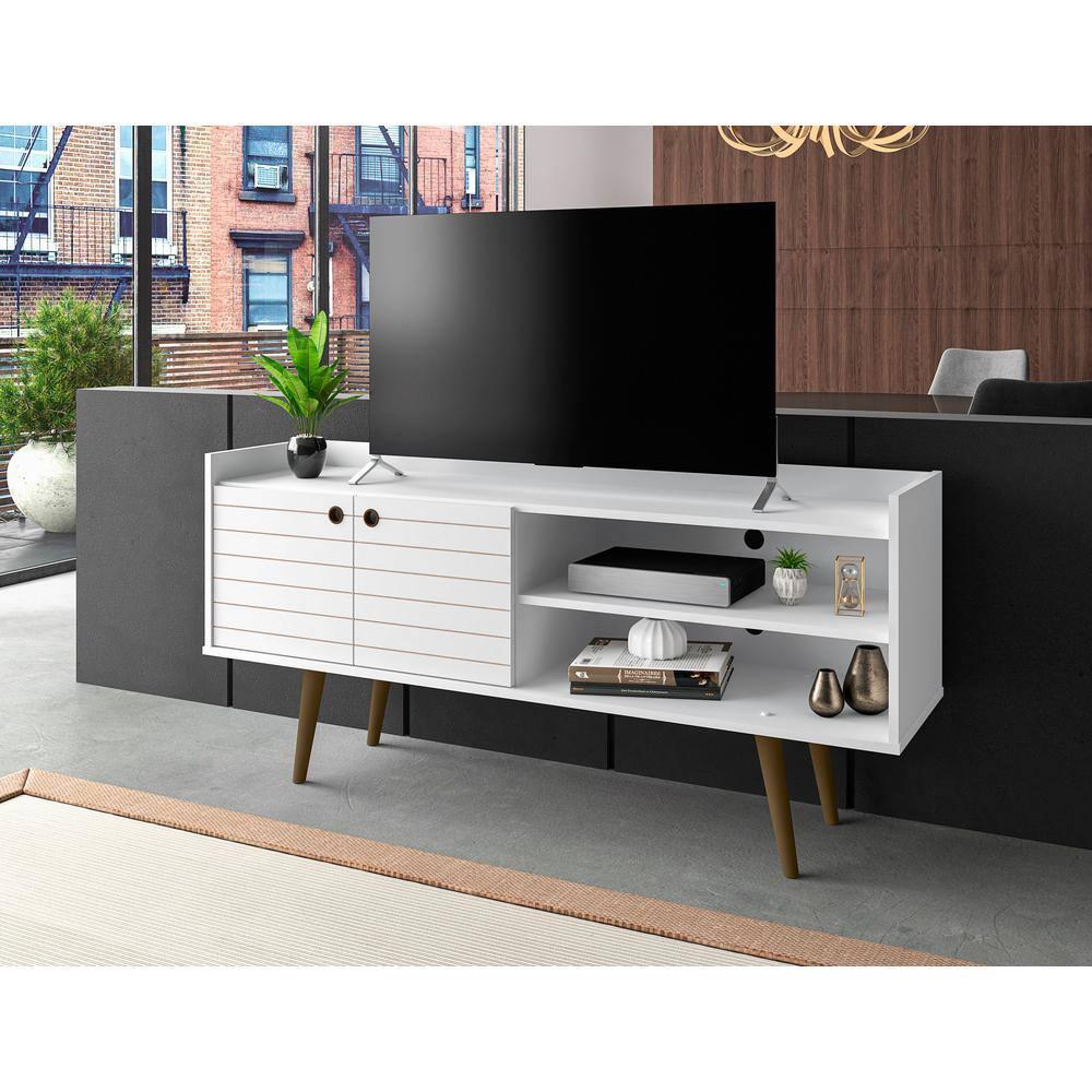 Bogart Mid Century Modern TV Stand for TVs up to 50'': Media Stand with Open Shelves & Cable Management - Manhattan Comfort