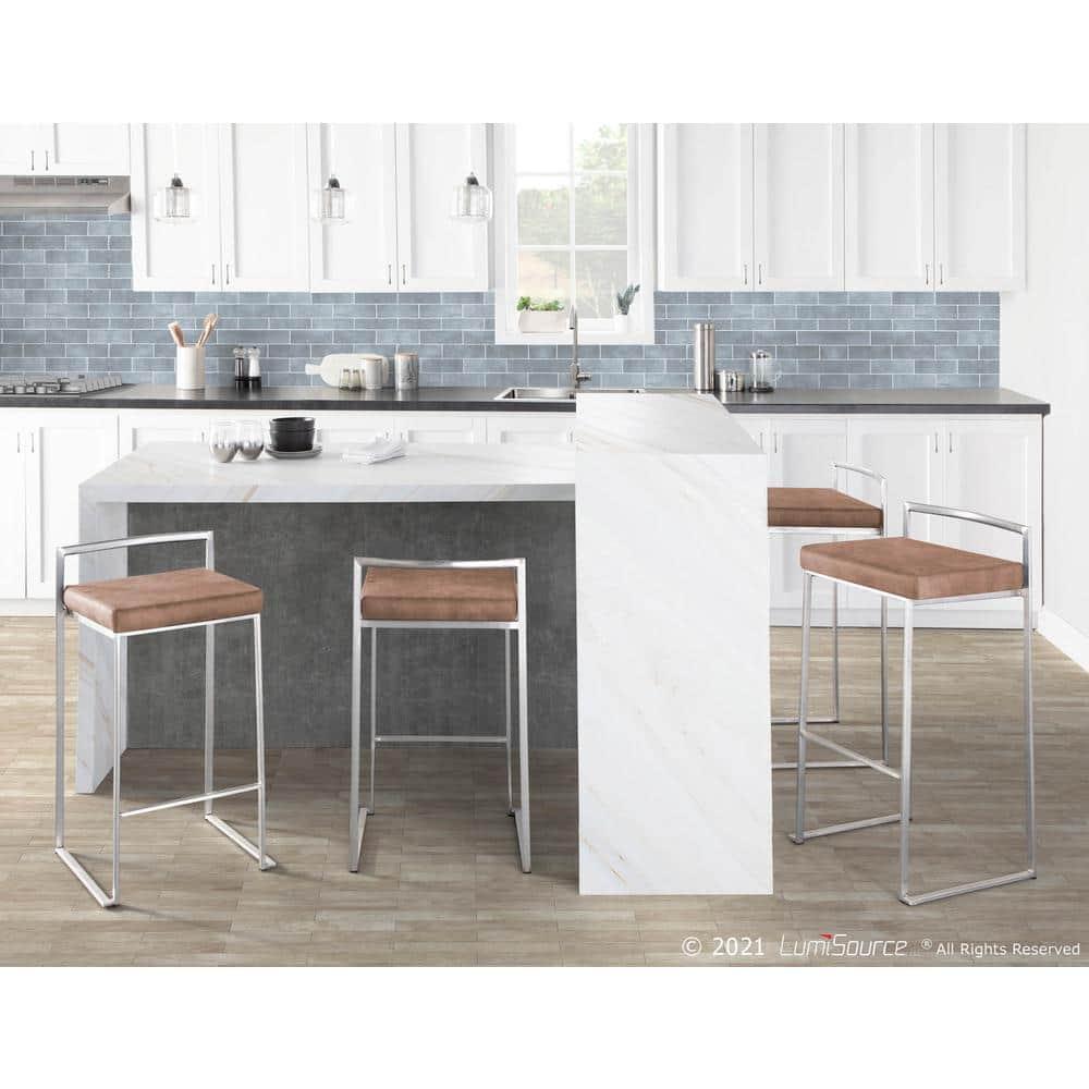LumiSource Set of 2 26" Fuji Contemporary Stackable Counter Height Barstool Stainless Steel with Brown Cowboy Fabric Cushion: Upholstered