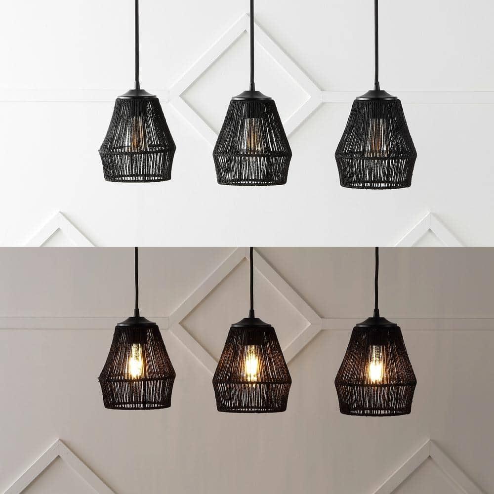 30" 3-Light Ibiza Island Woven Rope/Metal Bohemian Coastal Linear Pendant (Includes LED Light Bulb) Black - JONATHAN Y
