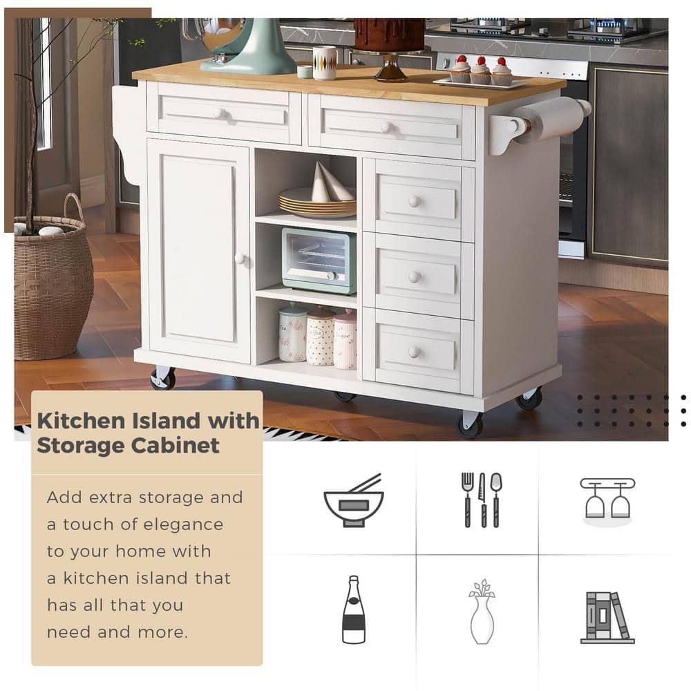 Kitchen Island Cart with 5 Drawers, 1 Cabinet and 2 Adjustable Shelves, 52.8" Kitchen Trolley Cart with Spacious Tabletop and Locking Wheels, Buffet Server Sideboard with Spice Rack & Towel Rack White