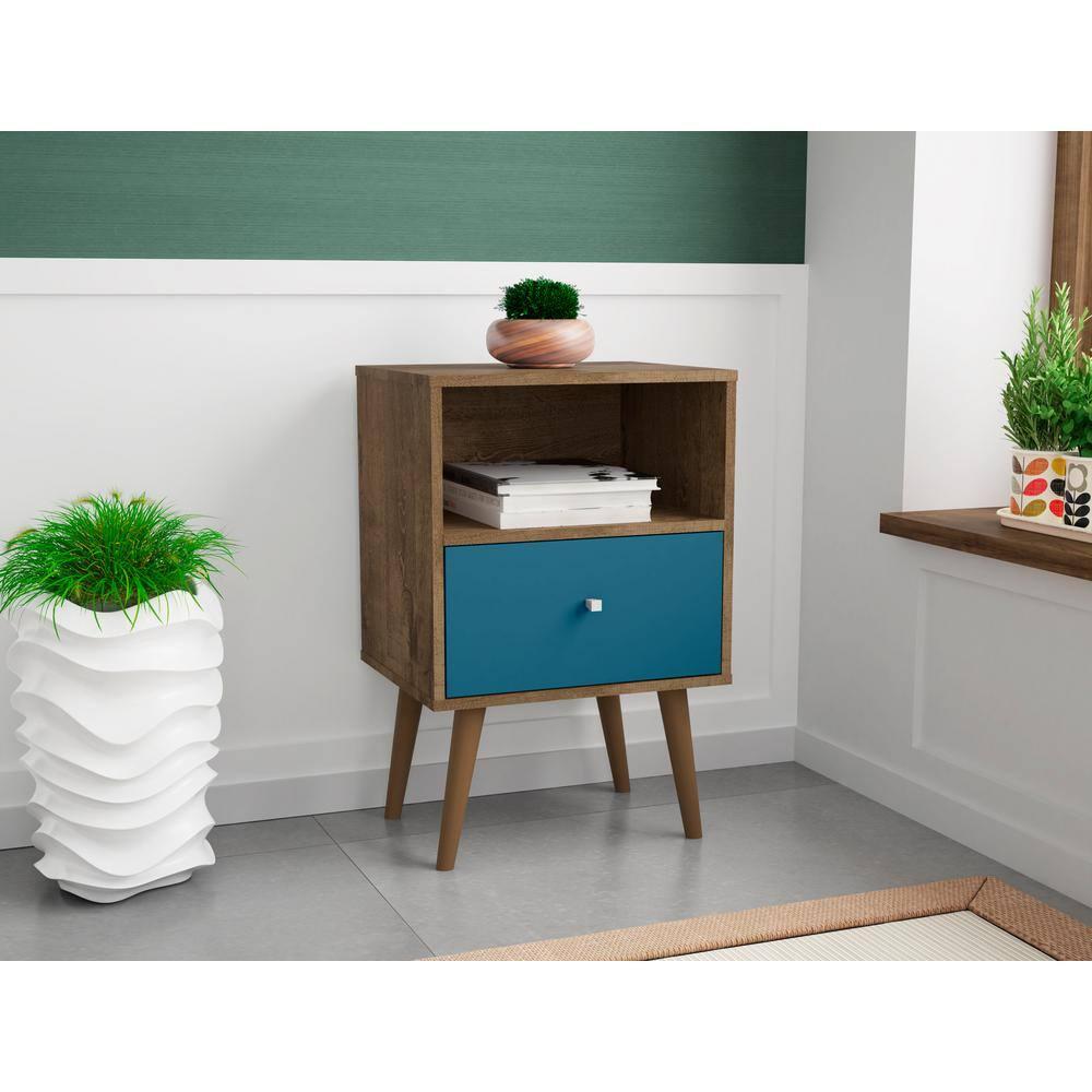 Liberty 1.0 Mid Century Modern Nightstand Rustic Brown/Aqua Blue - Manhattan Comfort