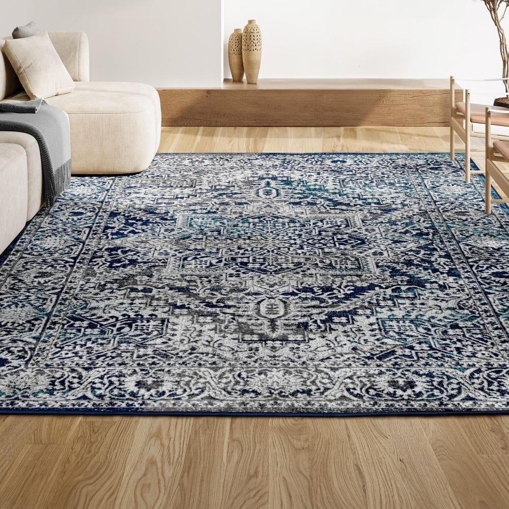 8'x10' Modern Vintage Medallion Area Rug, Navy /Light Grey - JONATHAN Y