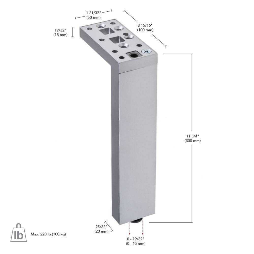 11 3/4 in. (300 mm) Matte Black Aluminum Contemporary Furniture Leg with Adjustable Shape and Leveling Glide