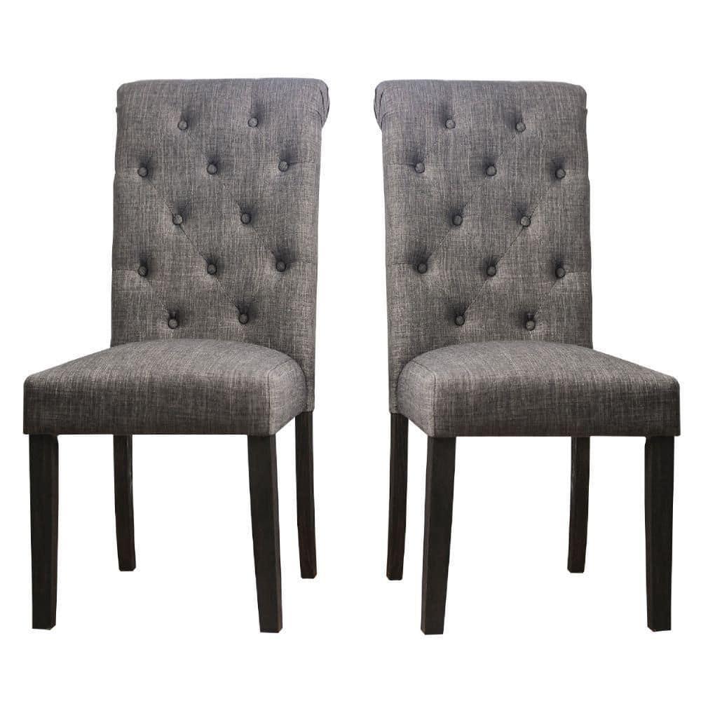27 Inch Fabric Dining Chair, Button Tufted Rolled Back, Wood, Gray - Saltoro Sherpi