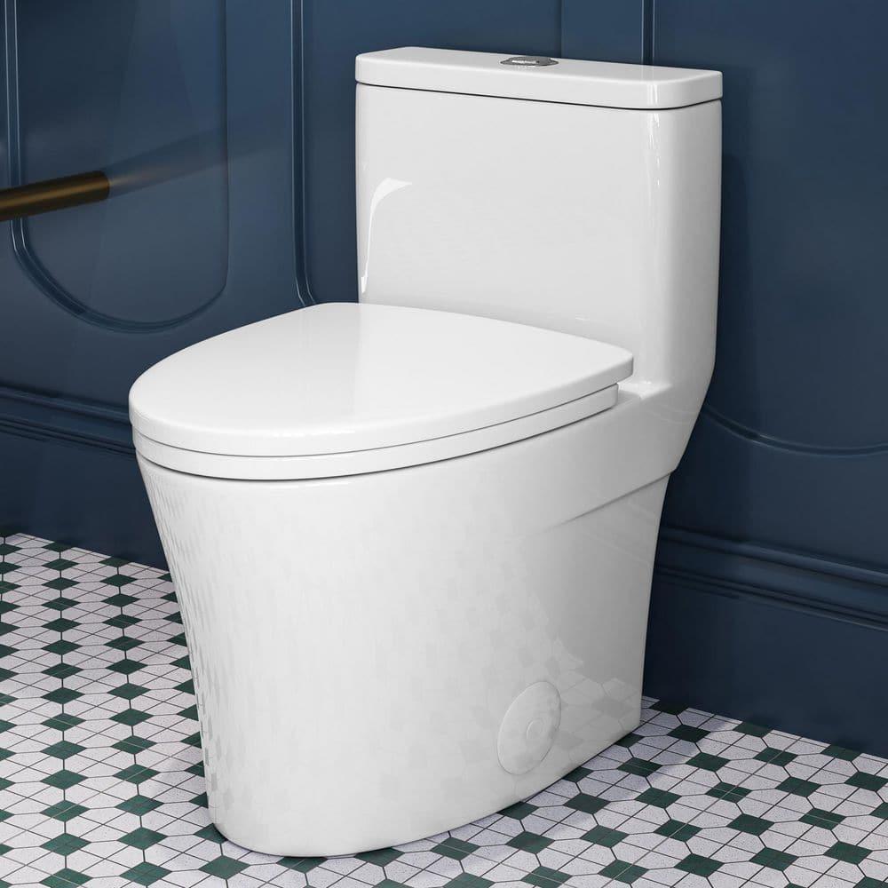 Elongated One-Piece Toilet, Compact Toilet with Soft-Close Seat, 1.1/1.6 GPF Powerful Dual-Flush Toilet for Bathroom