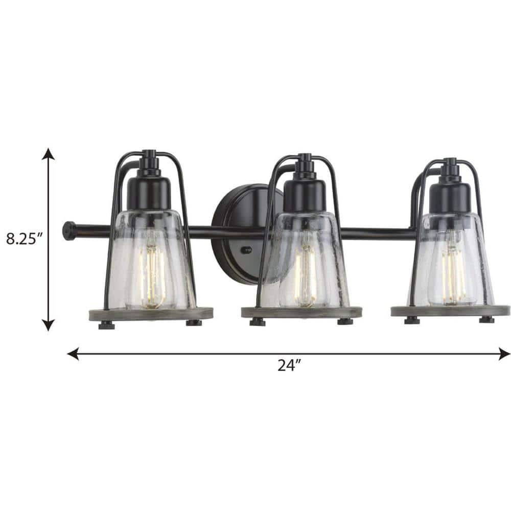 Progress Lighting Conway 3-Light Bath Vanity Light, Steel, Matte Black, Clear Seeded Glass Shade