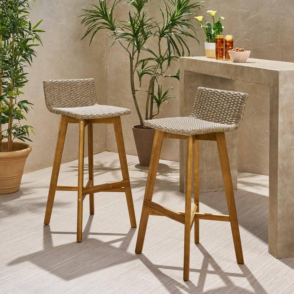 Pico Brea Outdoor Acacia Wood & Wicker Barstools, Set of 2, Light Brown and Teak