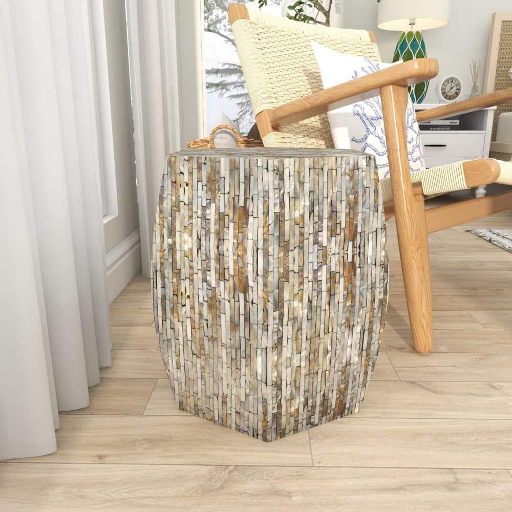 Wrought Studio™ Alissa Mother of Pearl Shell Handmade Shell Mosaic Hexagon Side End Gray Accent Table with Brown Accents