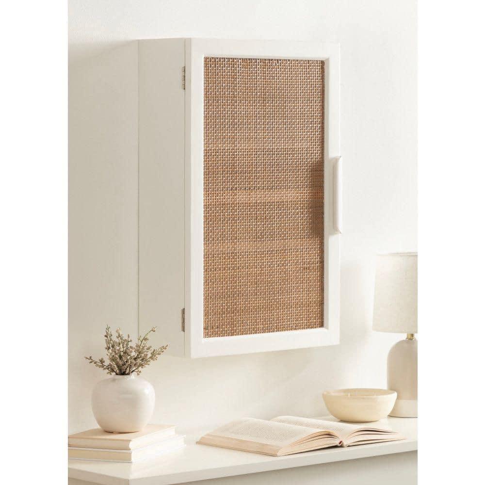Kate and Laurel Ori Transitional Cane Wall Cabinet with Door, 15 x 7 x 24, Painted White Wood and Natural Rattan, Decorative Rattan Over the Toilet Cabinet with Three Shelves for Decor and Display