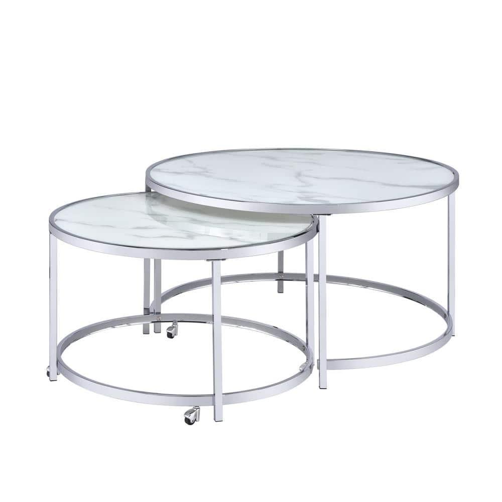 Rayne Nesting Cocktail Table White - Steve Silver Co.: Chrome Frame, Faux Marble Top, 2-Piece Set