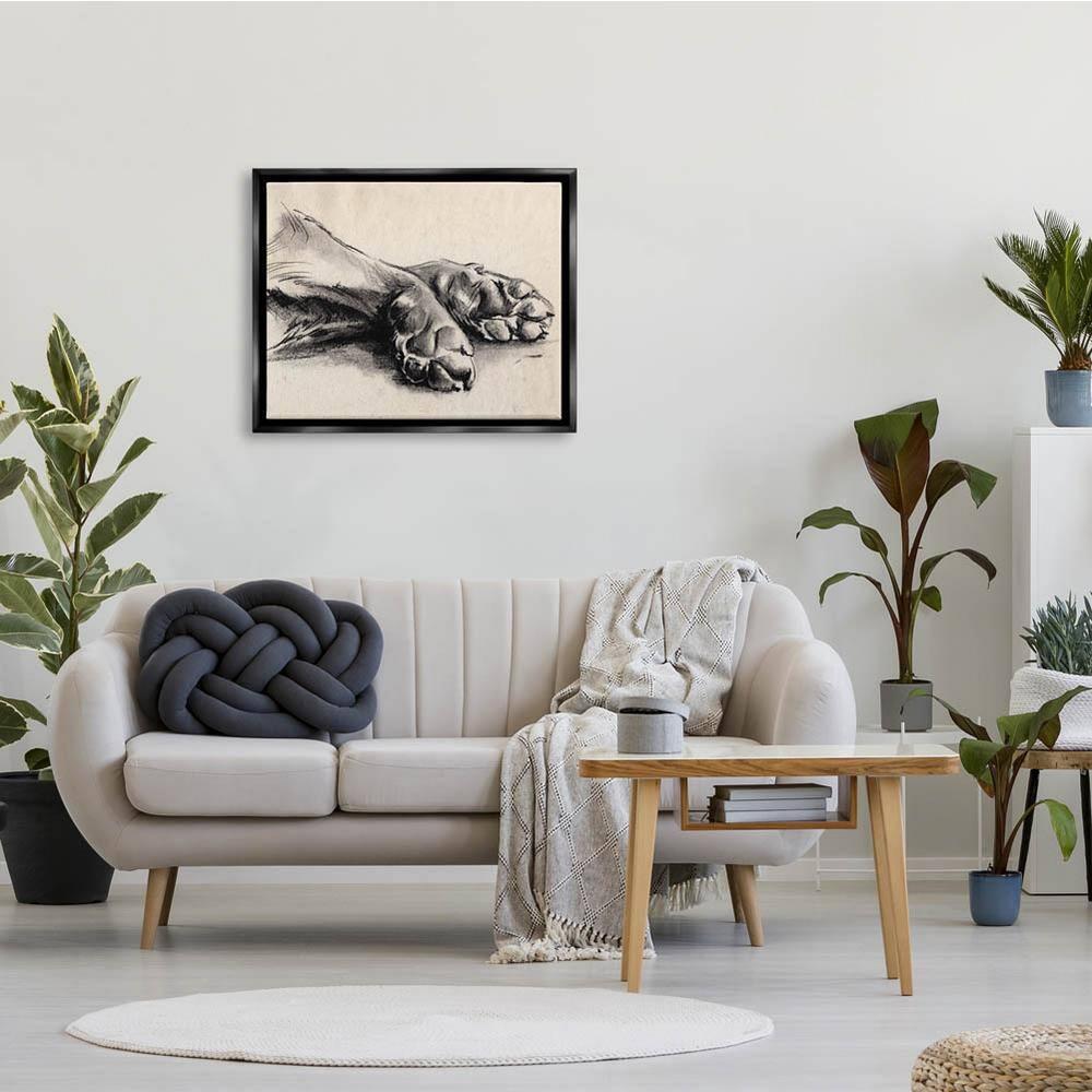 Stupell Industries Dog Paw Charcoal Design Minimal Tan Black Black Floater Framed Canvas Wall Art, 24 x 30