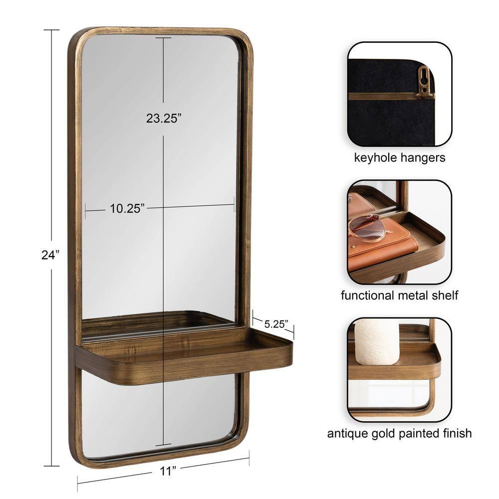 Kate & Laurel All Things Decor 11"x24" Estero Wall Rectangle Mirror with Shelf Gold: Mid-Century Modern, Wall-Mounted Storage