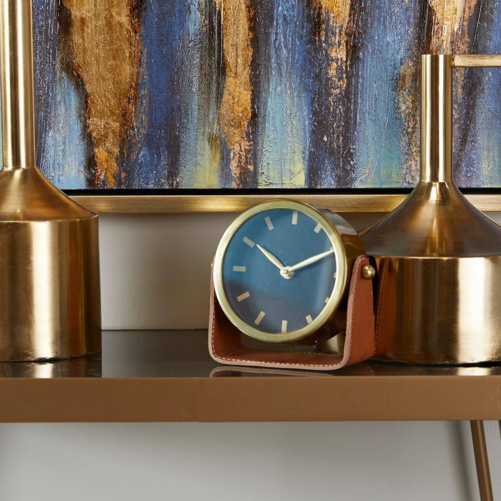 Deco 79 Stainless Steel Metal Clock with Leather Stand, 6" x 3" x 6", Gold
