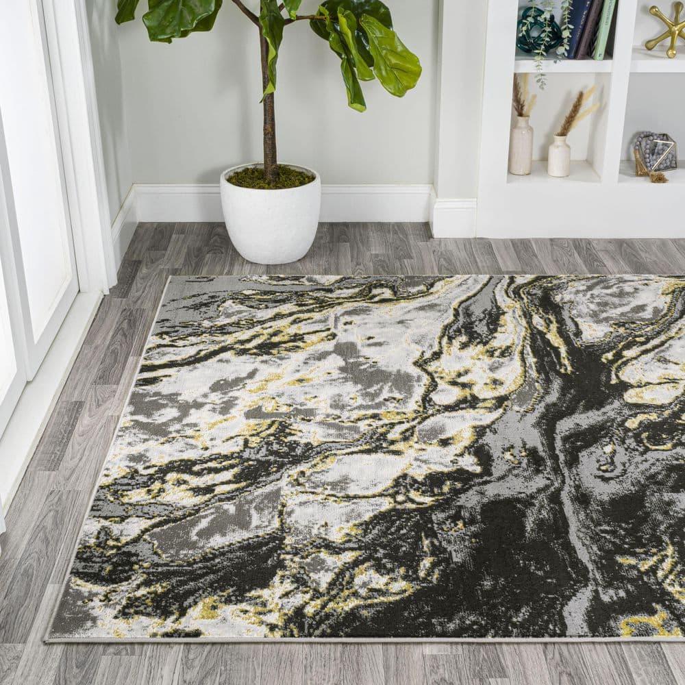 3'x5' Swirl Marbled Abstract, Black/Yellow - JONATHAN Y