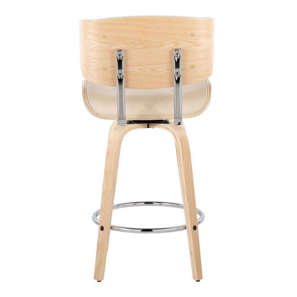 Set of 2 Lombardi Counter Height Barstools Natural/Chrome/Cream: Mid-Century Design, Faux Leather, Wood Frame - LumiSource
