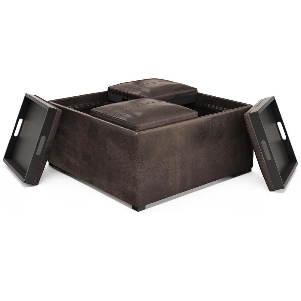 Simpli Home Avalon 35"W Upholstered Square Coffee Table Storage Ottoman with Flip-Over Trays
