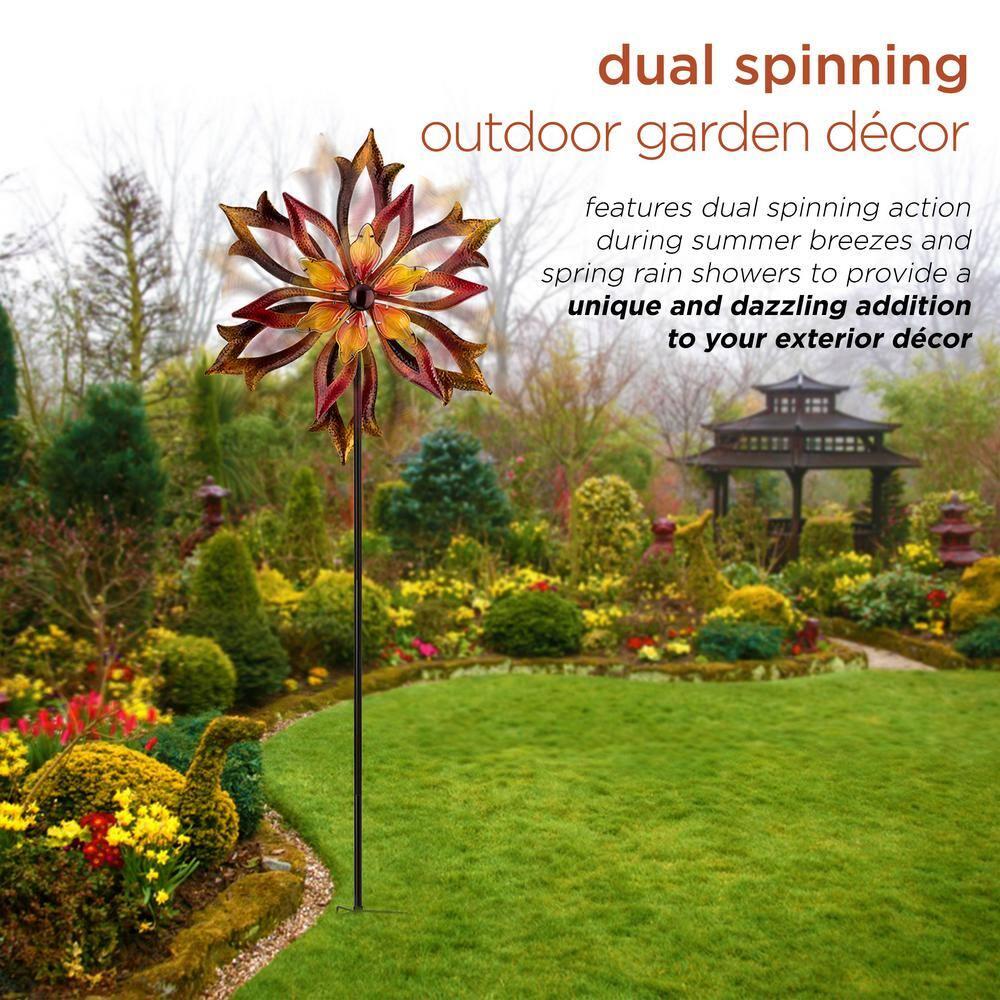 96" Glass/Iron Outdoor Flower Dual Kinetic Spinner Stake Red/Yellow - Alpine Corporation: Yard Art Decor