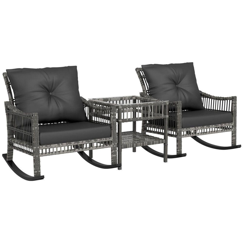 Outsunny Wicker Outdoor Rocking Chair Set, 3 Piece Patio Furniture Set with Padded Cushions and Storage Table, 2-Seater Rattan Bistro Set, Gray